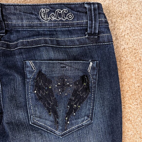 Y2K Cello Cross Wings Bling  Goth Jeans Mid Rise Dark Wash Size 5 W 29 L 32.5 - Picture 3 of 7